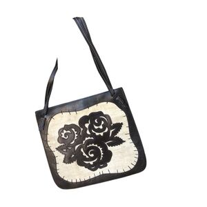 BCBGMaxAzria Italian Brown Leather Shoulder Bag Floral Cut Outs on Canvas